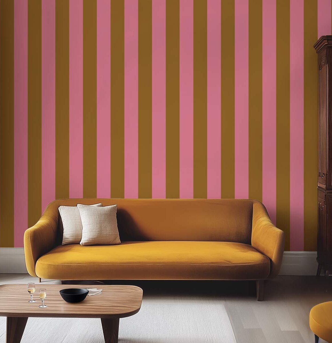 Papier peint rayures verticales rose et ocre