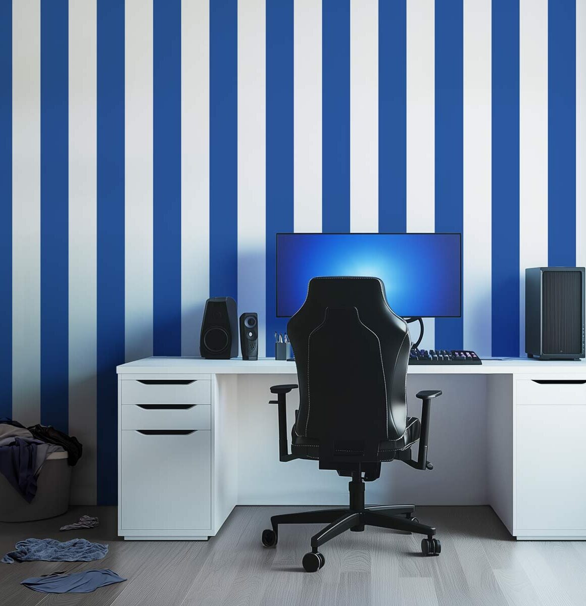 Chambre ado papier peint rayures bleu et blanc