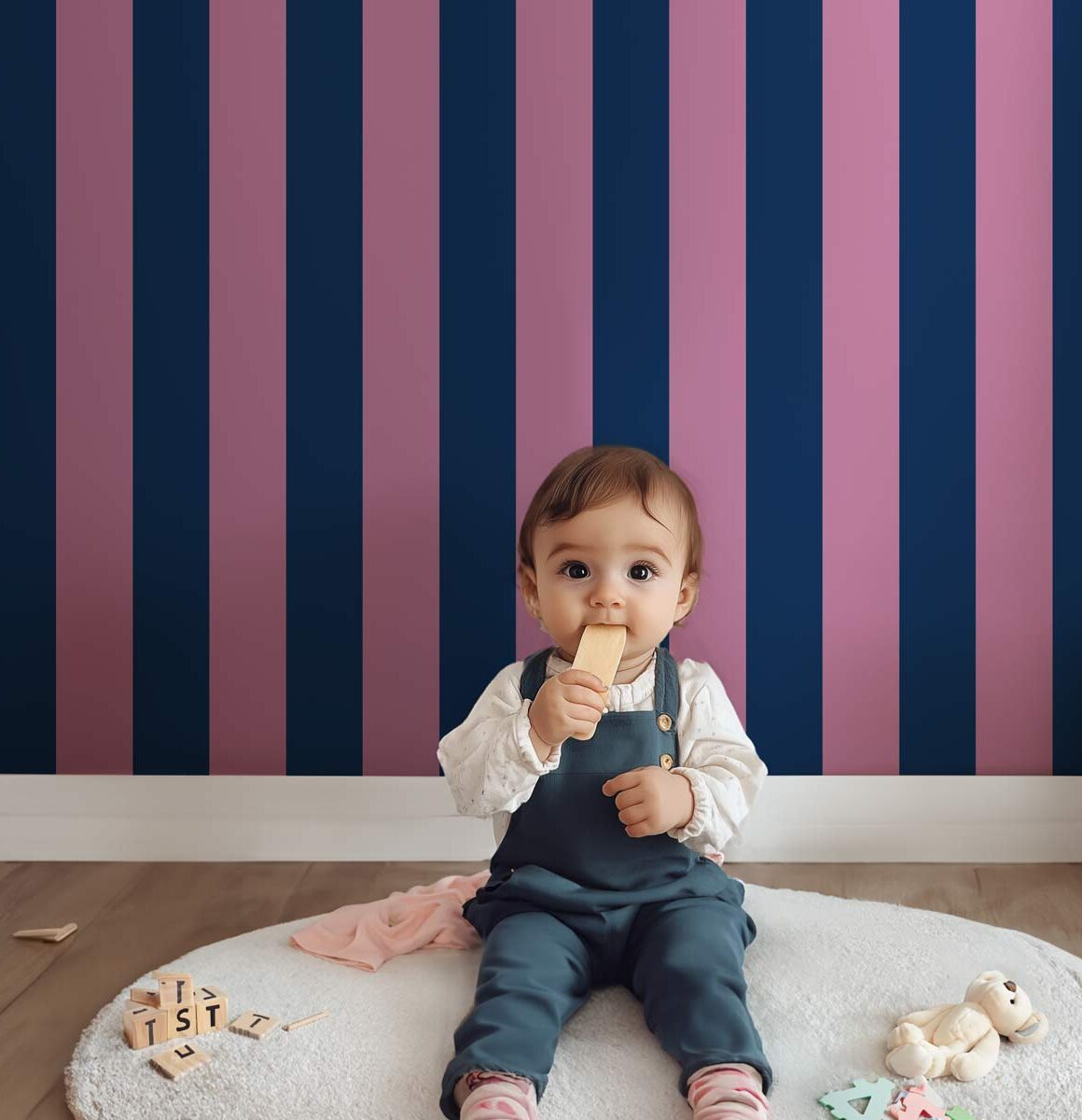 Papier peint coloré rayures bleu marine et rose