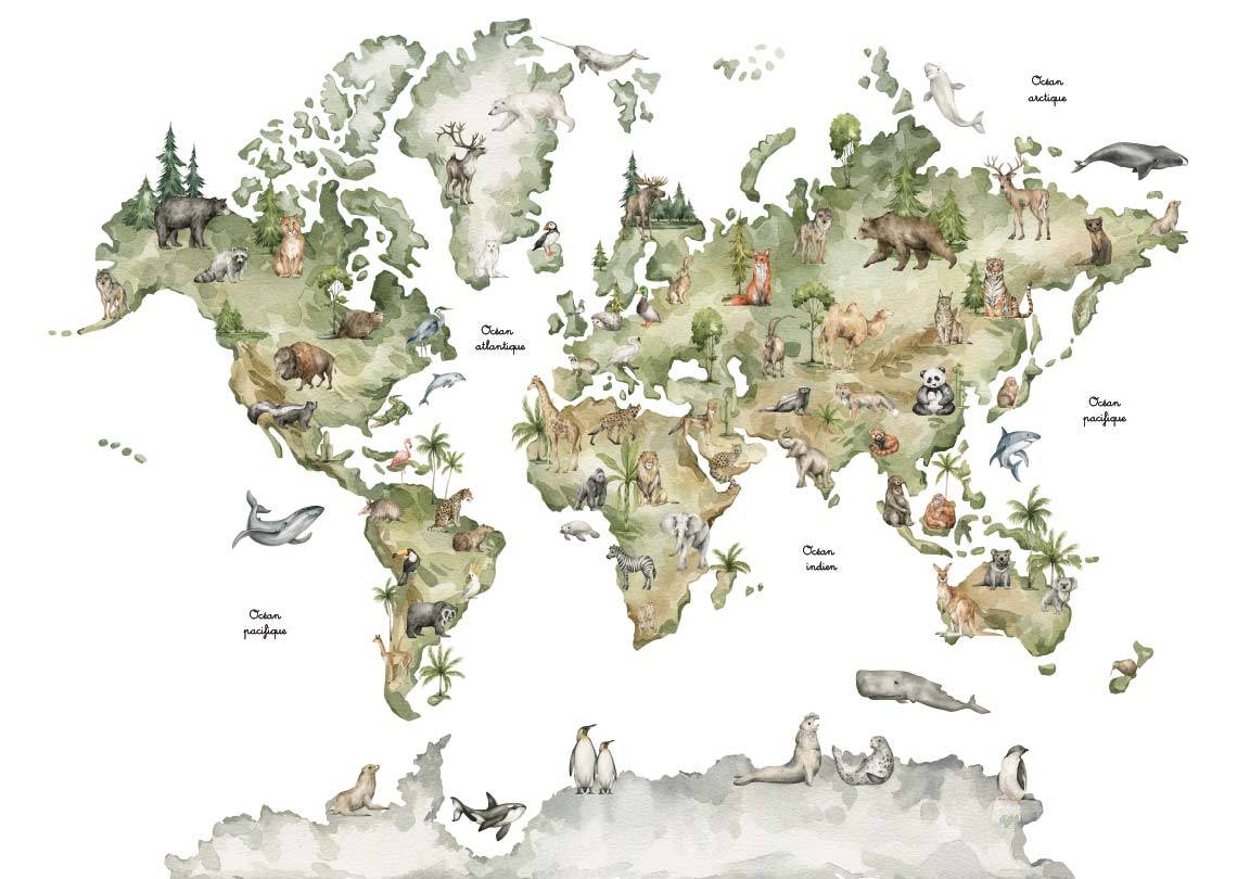 papier-peint-enfant-carte-monde-animaux