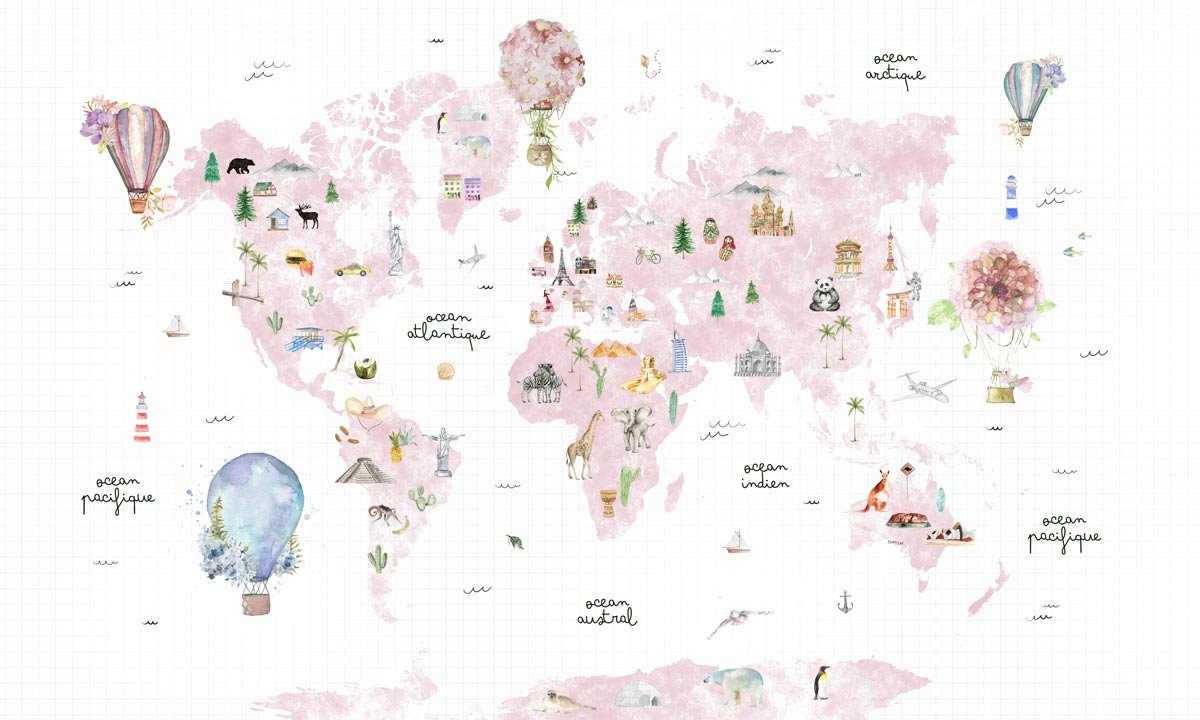 papier-peint-panoramique-carte-du-monde-rose