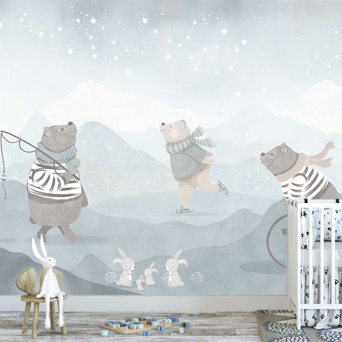 Papier peint hivernal avec ourson pour bébé
