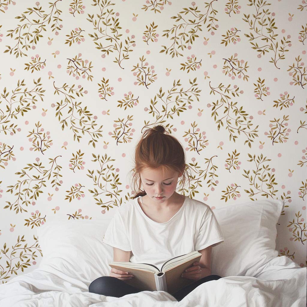 Papier-peint-feuillage-chambre-fille