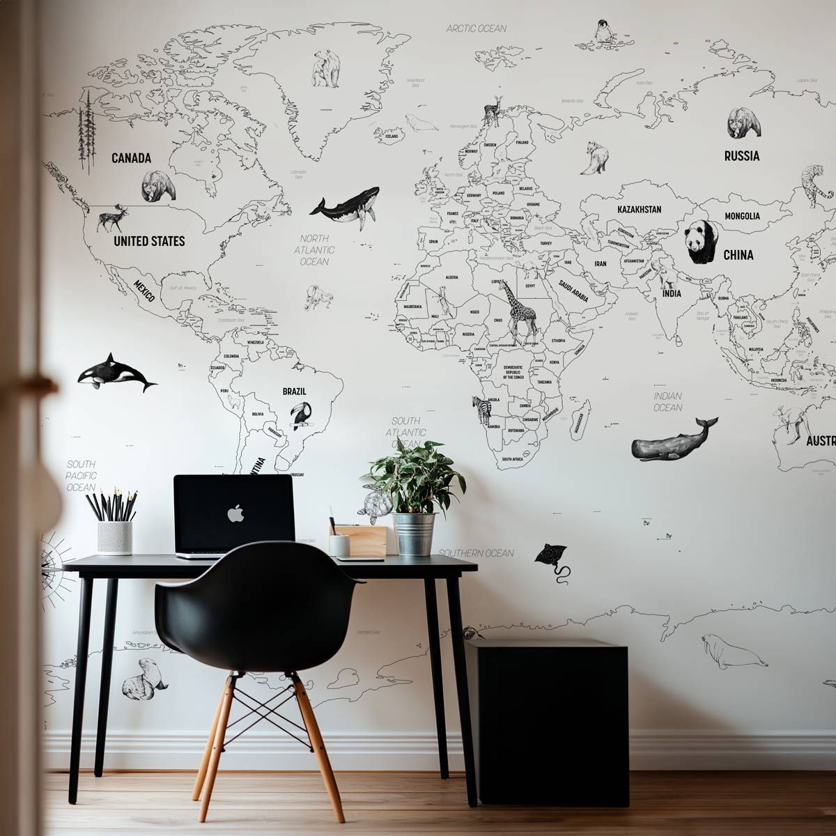 Papier-peint-Carte-du-monde-noir-et-blanc