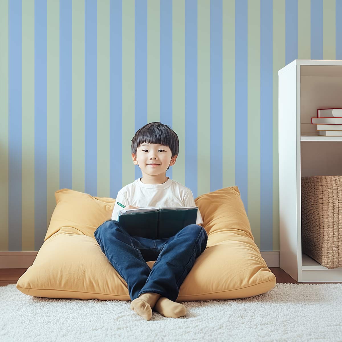 papier peint enfant rayures vert et bleu