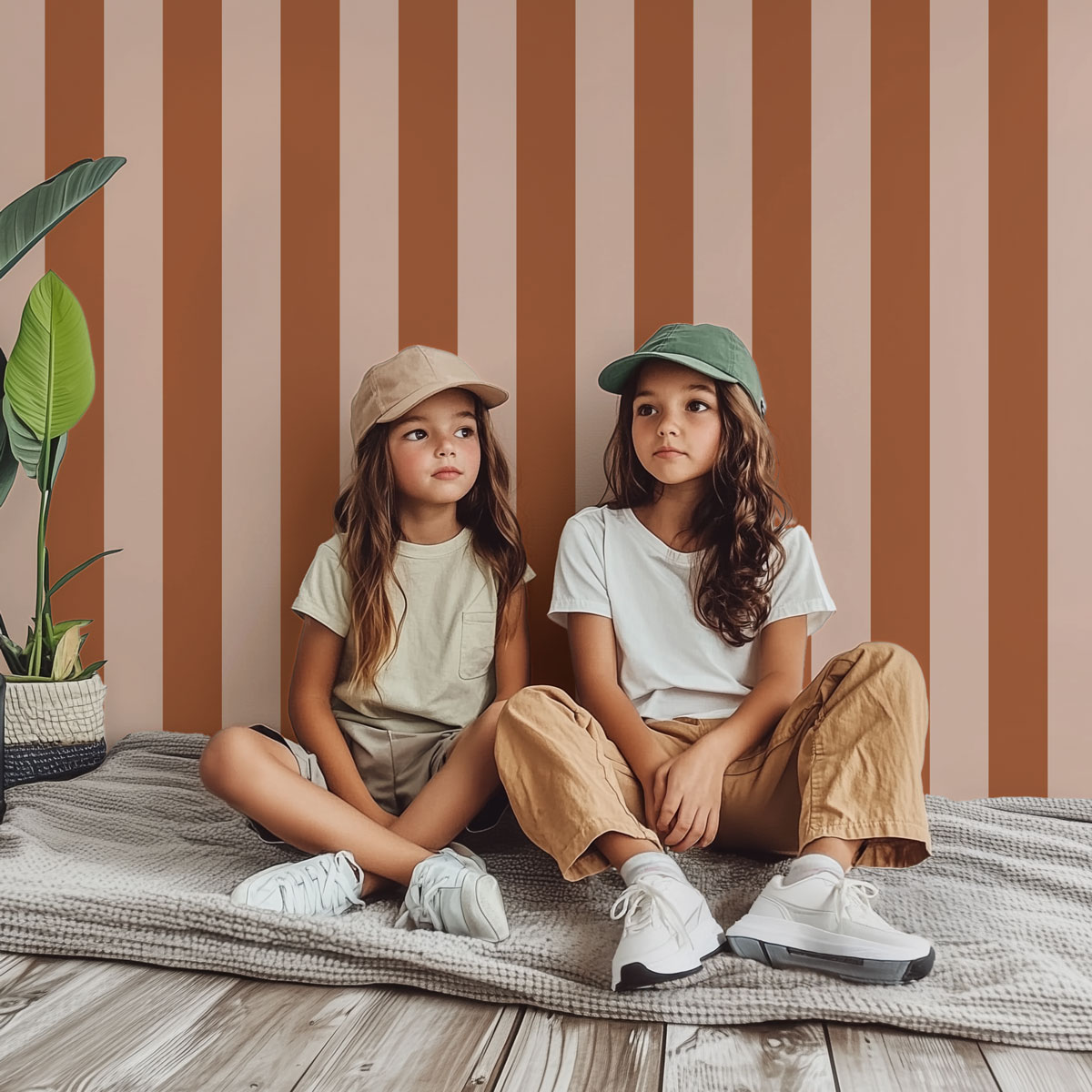 Papier peint rayures marron et beige rosé