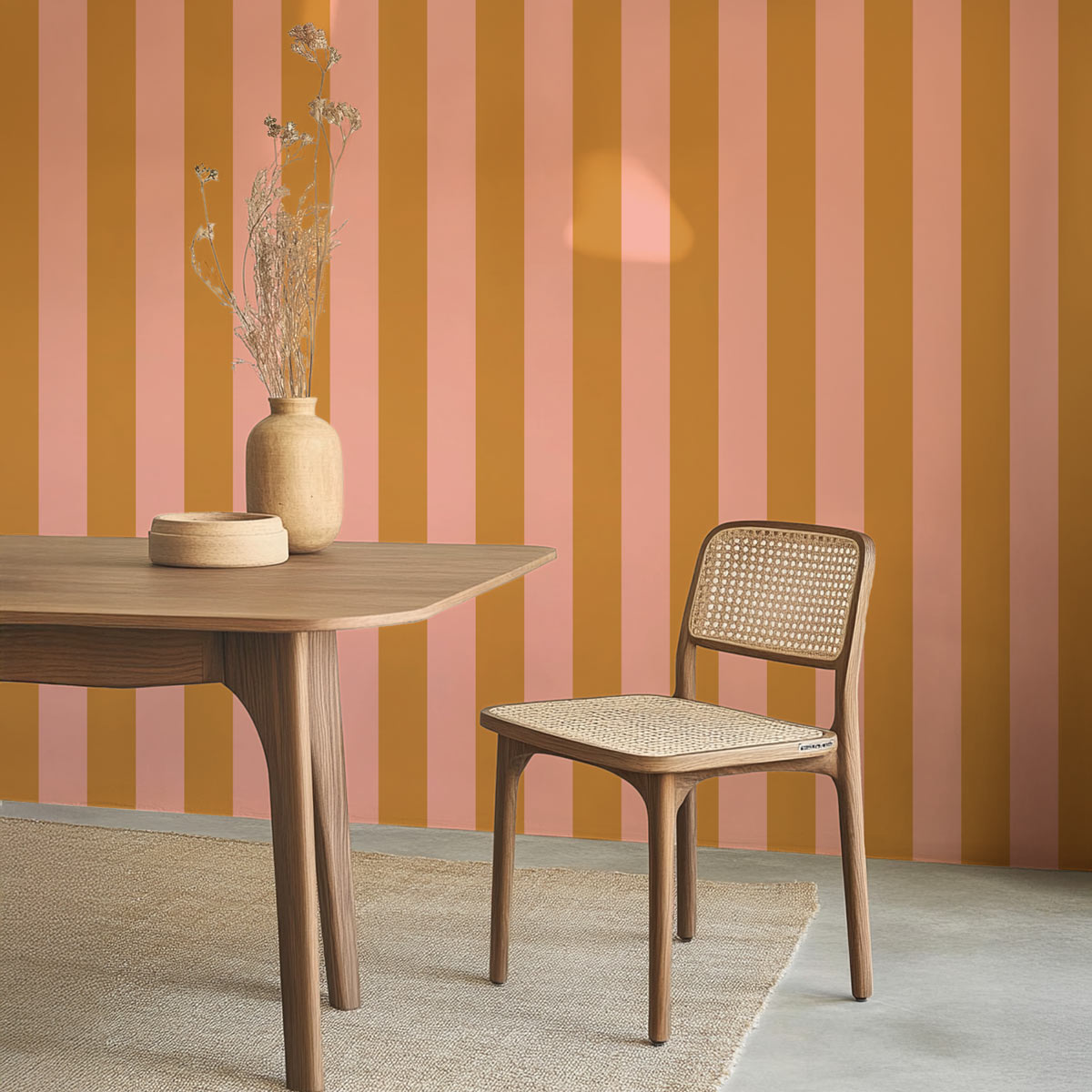 Papier peint coloré à rayures moutarde et rose poudré