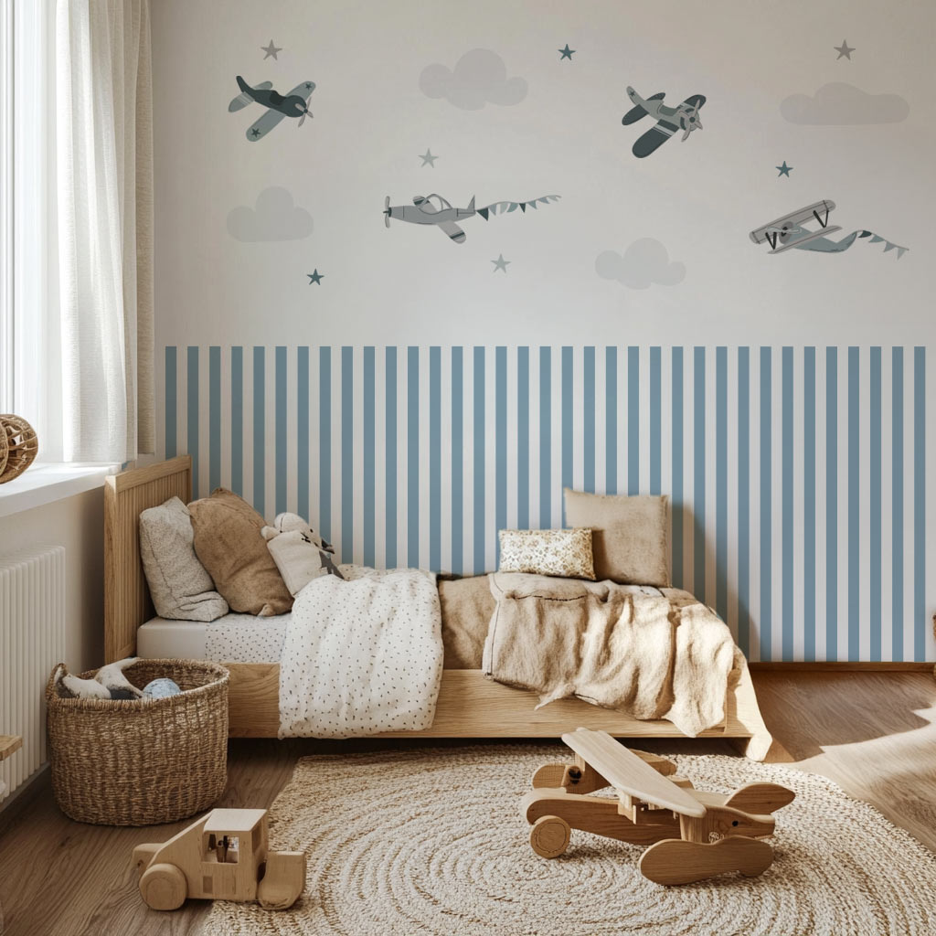 Papier peint chambre garçon rayures Bleu & Blanc