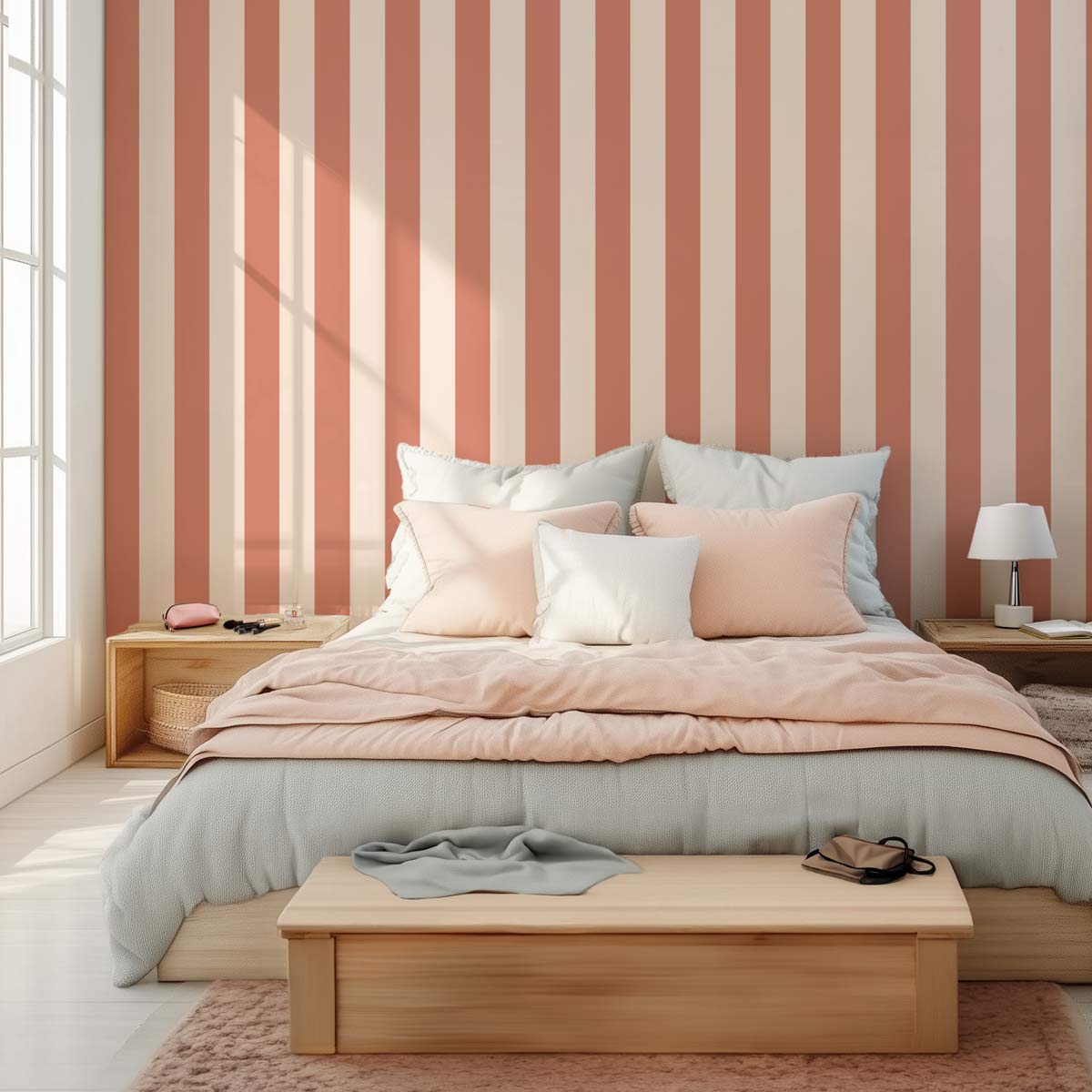 Papel pintado rayas Blush - Rosa Salmón & Blanco Roto