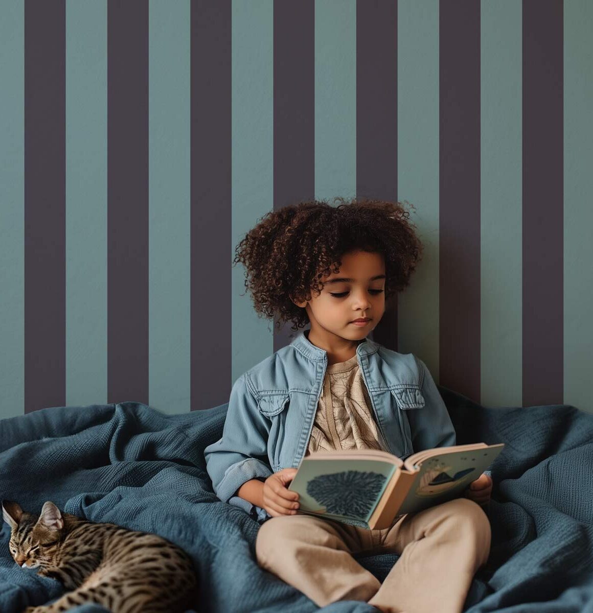 Papier peint chambre enfant rayures tonca et bleu gris