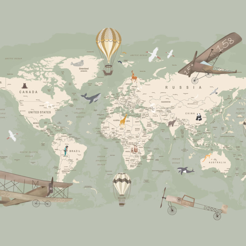 Papel pintado con mapa del mundo en color verde salvia - Imagen 2