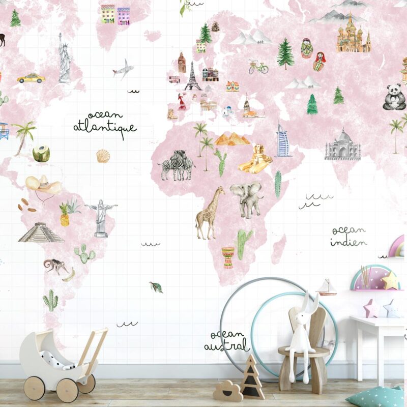 papier-peint-carte-du-monde-rose-fille