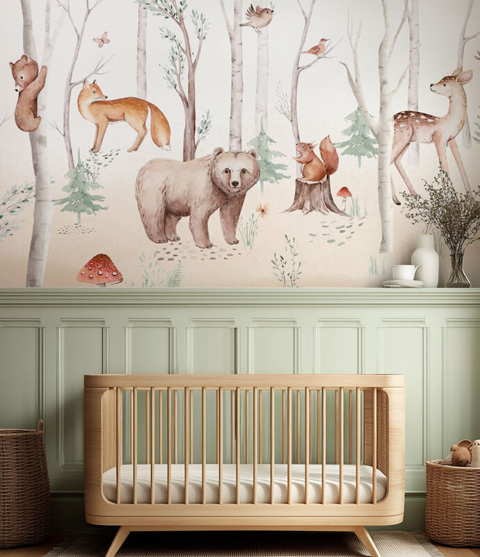 Papel pintado «Bosque infantil» en verde salvia