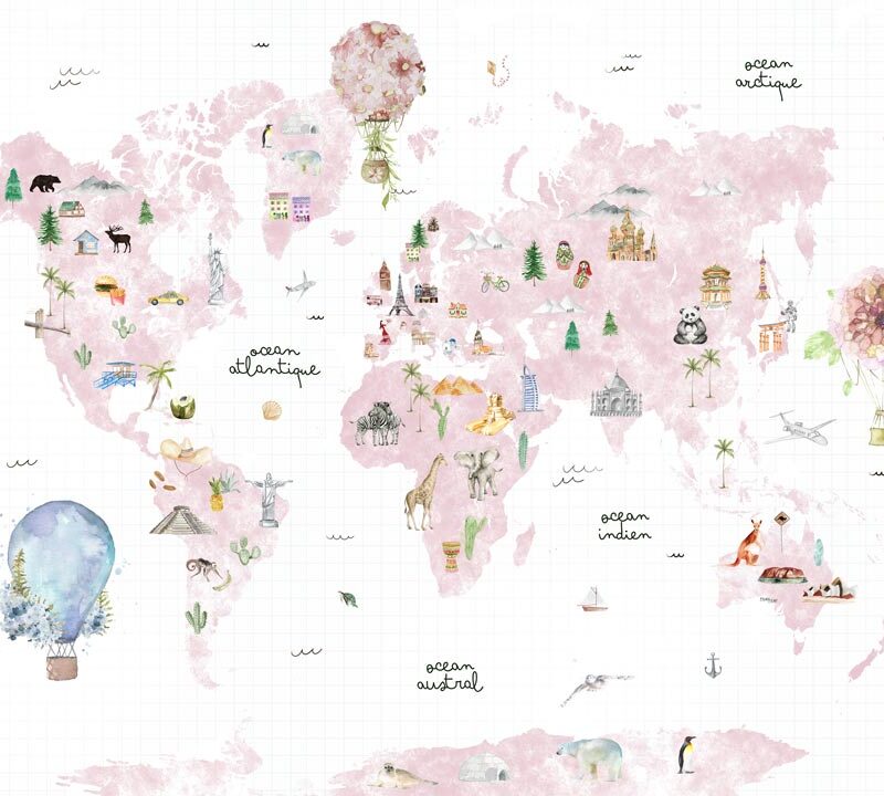 papier-peint-panoramique-carte-du-monde-rose